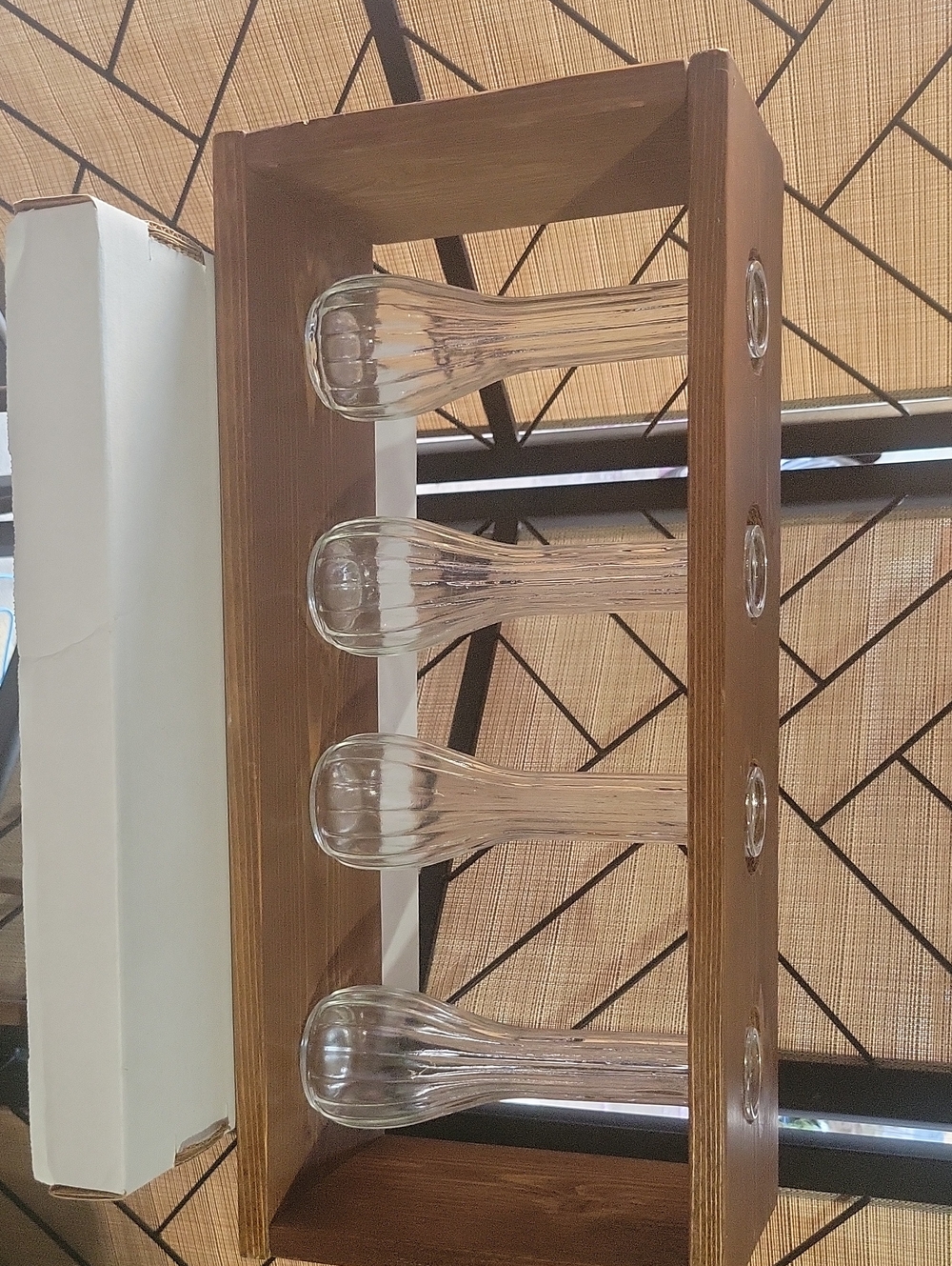 Wooden 4-Vase Bud Vase Holder with Clear Glass Tubes - Brown